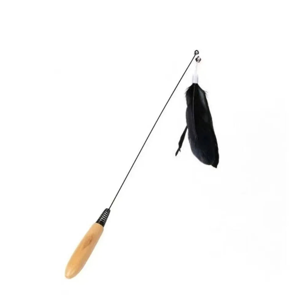 Interactive Wooden Handle Spring Teasing Cat Stick Feather Simulation – 4 Colors