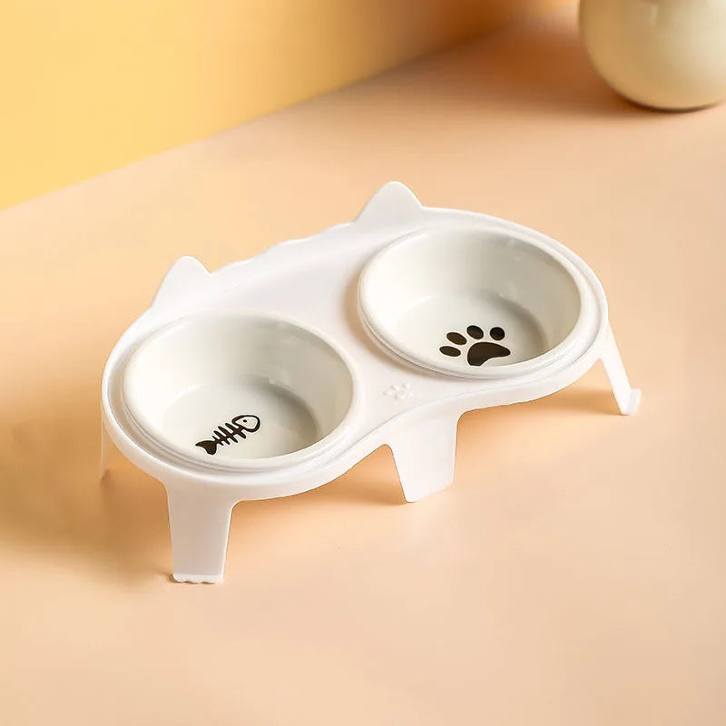 Ceramic Cat Bowl Double - Elevated Slanted Pet Food Water – 5 Colors