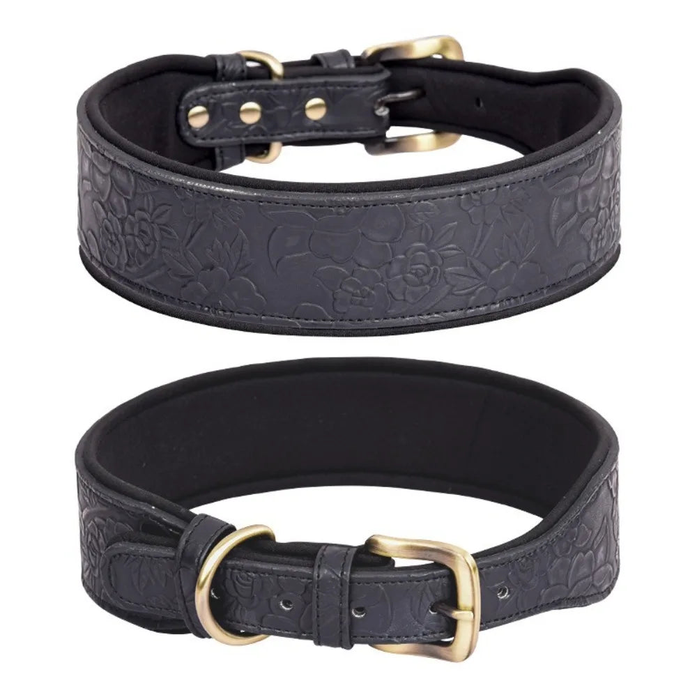 Wide Padded Embossing Leather Dog Collar - ProPawPet.com