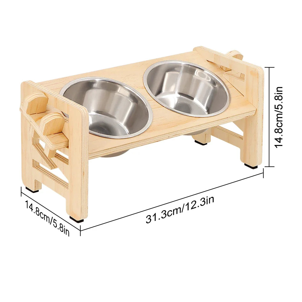 Adjustable Wooden Raised Dog Bowl Stand with 2 Stainless Steel – Dog Supplies