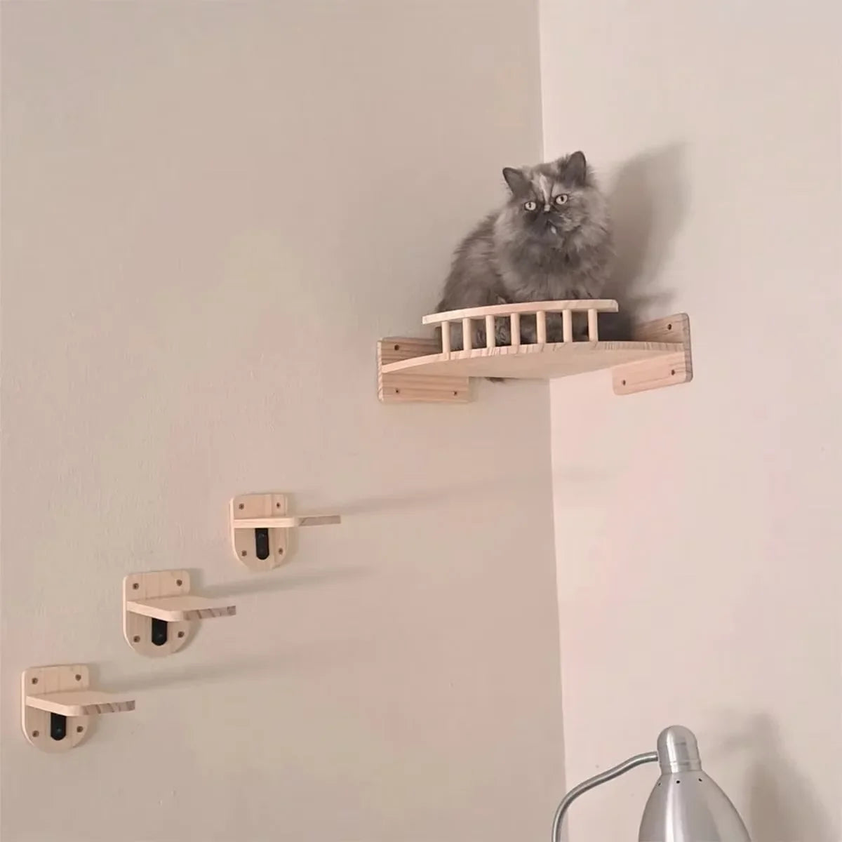 Wall-mounted wooden cat hammock and steps – view 4
