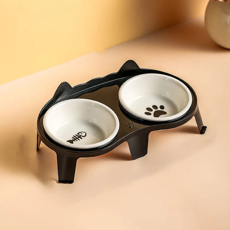 Ceramic Cat Bowl Double - Elevated Slanted Pet Food Water – 5 Colors