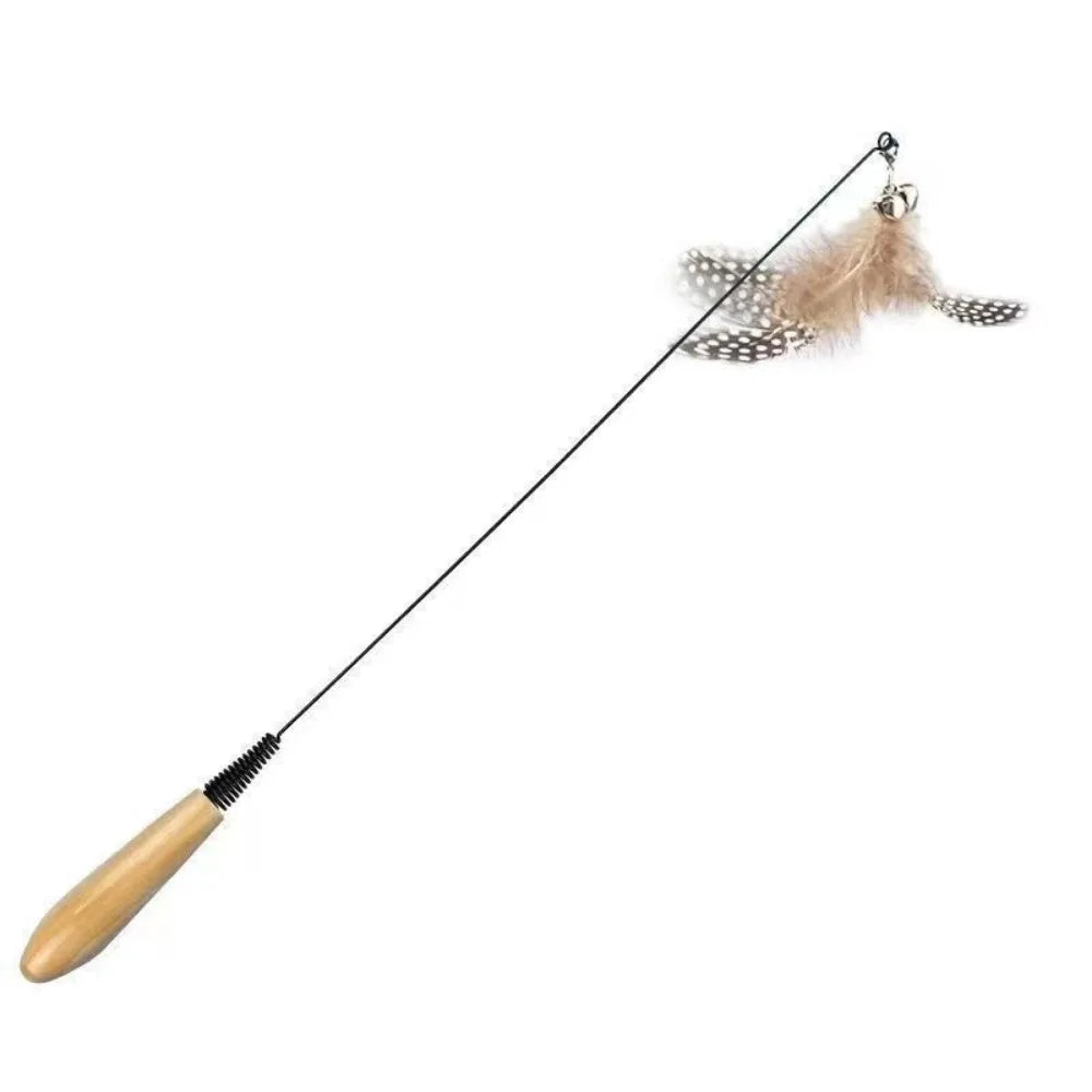 Interactive Wooden Handle Spring Teasing Cat Stick Feather Simulation – 4 Colors