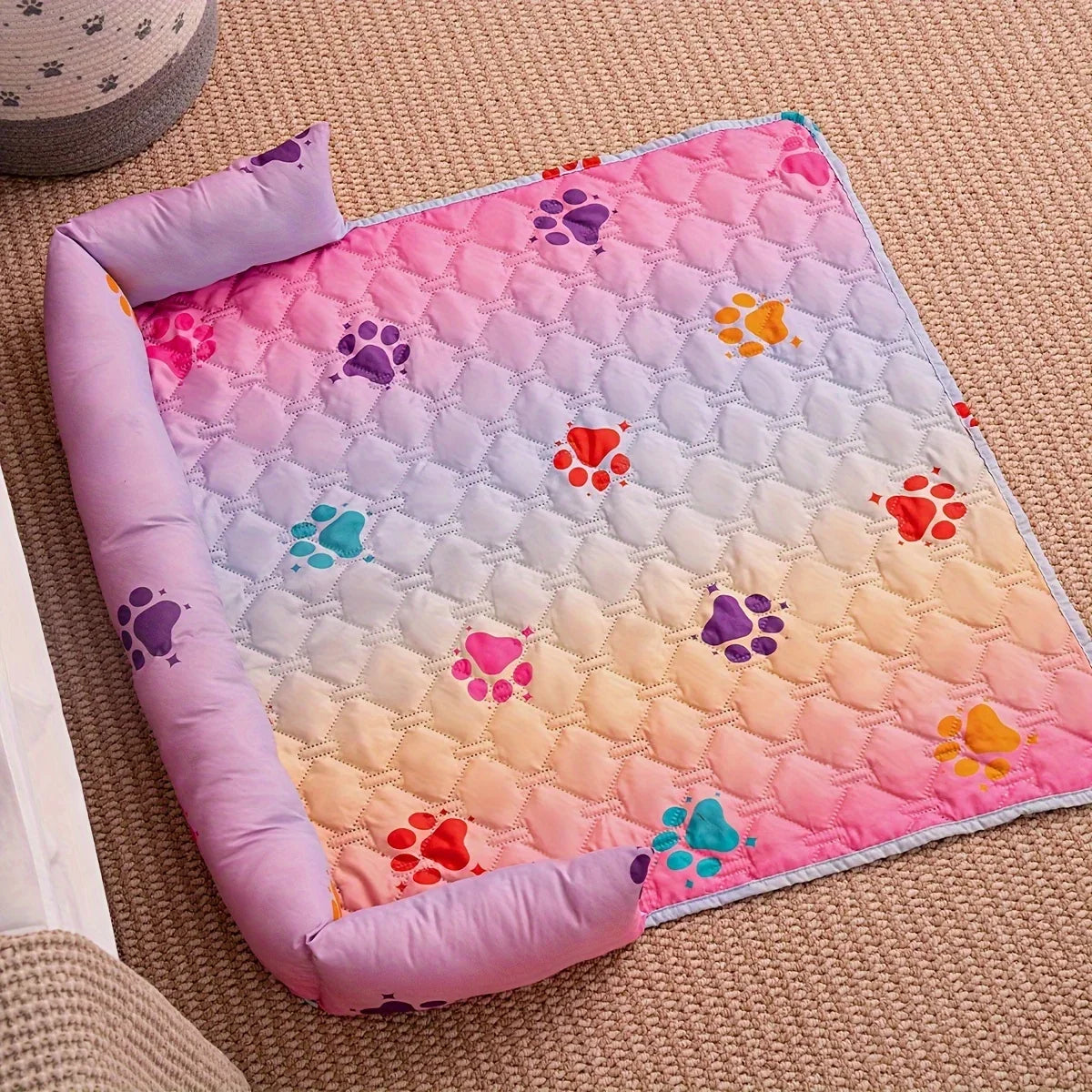 Reversible Rainbow Check Pet Bed with Pillow Waterproof Anti – 3 Colors