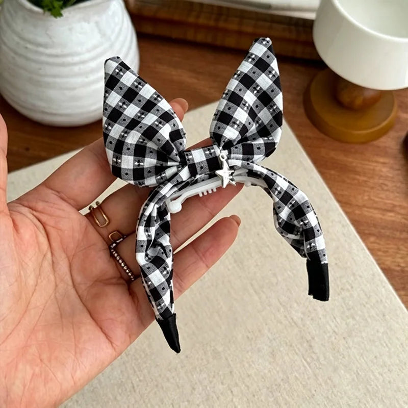 Gingham Plaid Bow Pet Hair Clip with Star Charm Cute Vintage – Dog Supplies