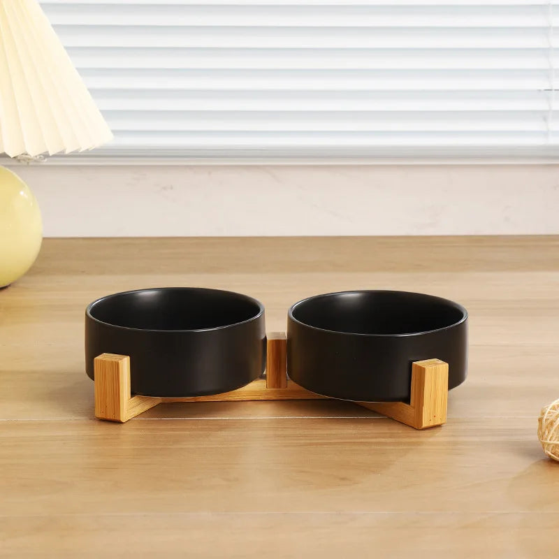 Ceramic Pet Bowl Dish with Wood Stand – 2 Sizes