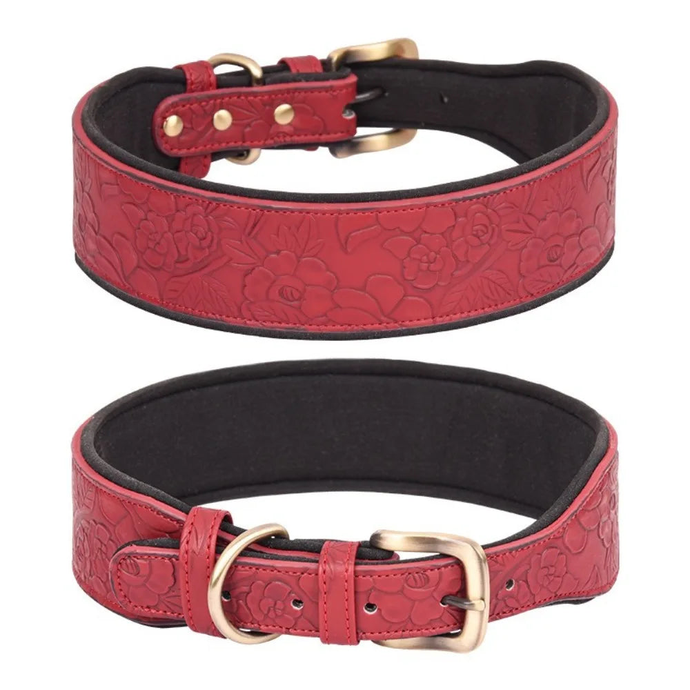 Wide Padded Embossing Leather Dog Collar - ProPawPet.com