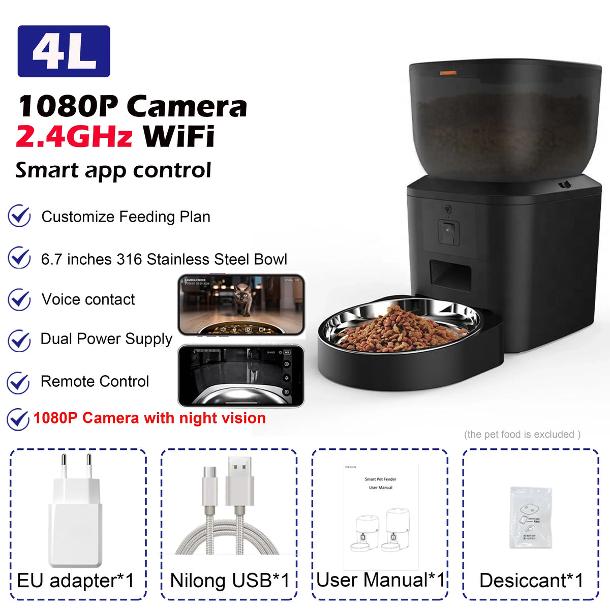 Automatic Cat Feeder with 1080p Camera Video Food Dispenser – 6 Colors