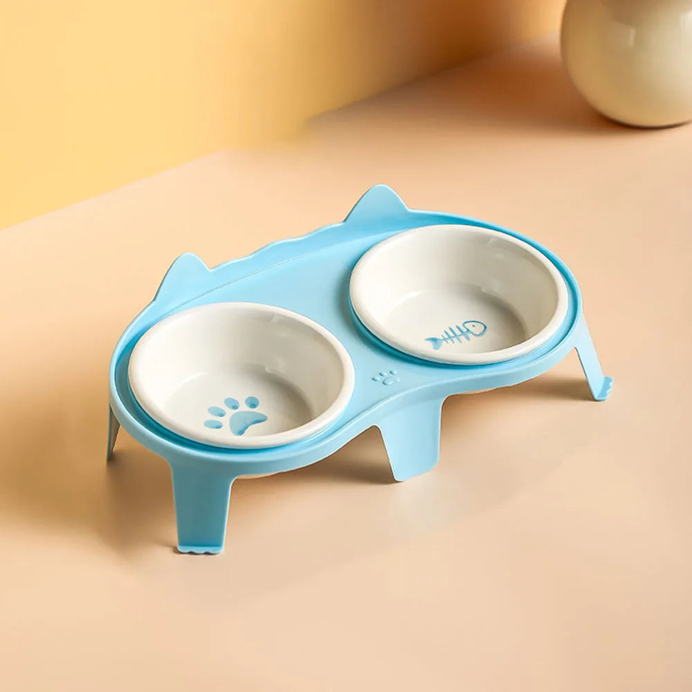 Ceramic Cat Bowl Double - Elevated Slanted Pet Food Water – 5 Colors
