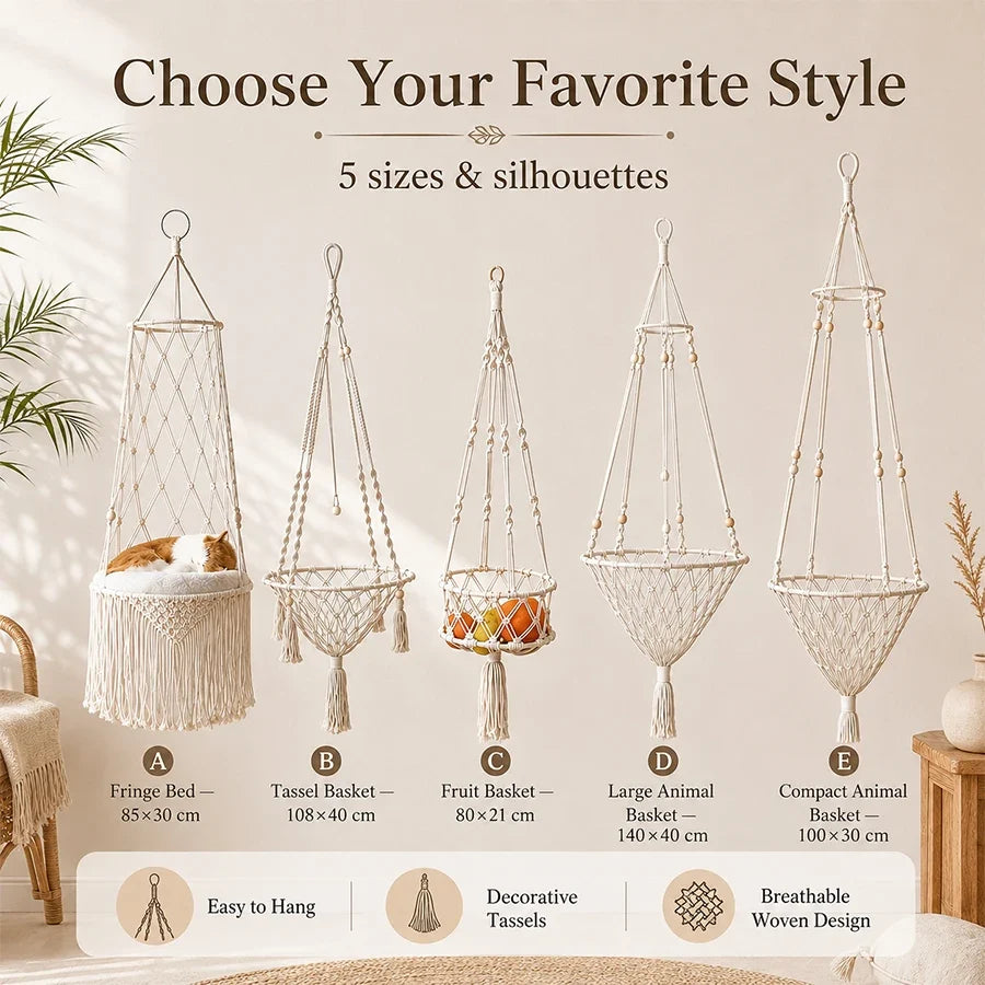 Boho Macrame Hanging Pet Hammock, Hand‑Woven - ProPawPet.com