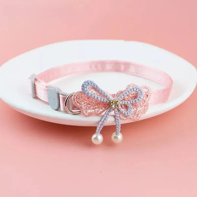 Cat Collar Pink Lace Bow Hanging Bead Choker Bell Dog – Cat Clothes & Costumes