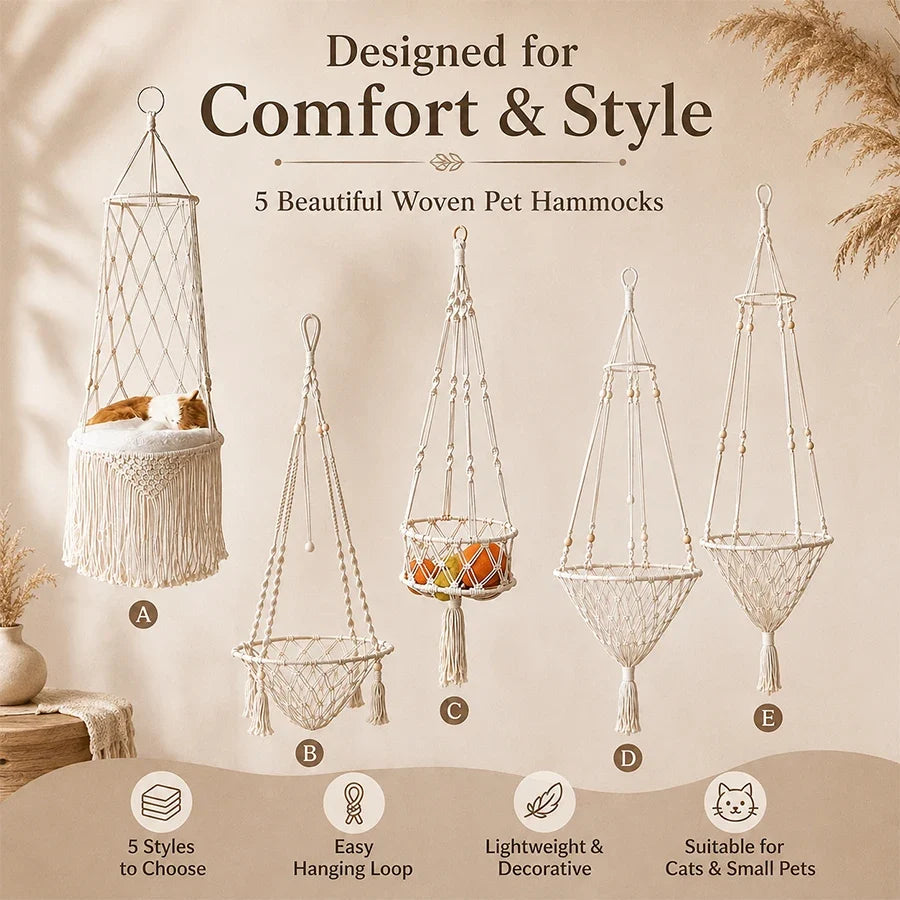 Boho Macrame Hanging Pet Hammock, Hand‑Woven - ProPawPet.com