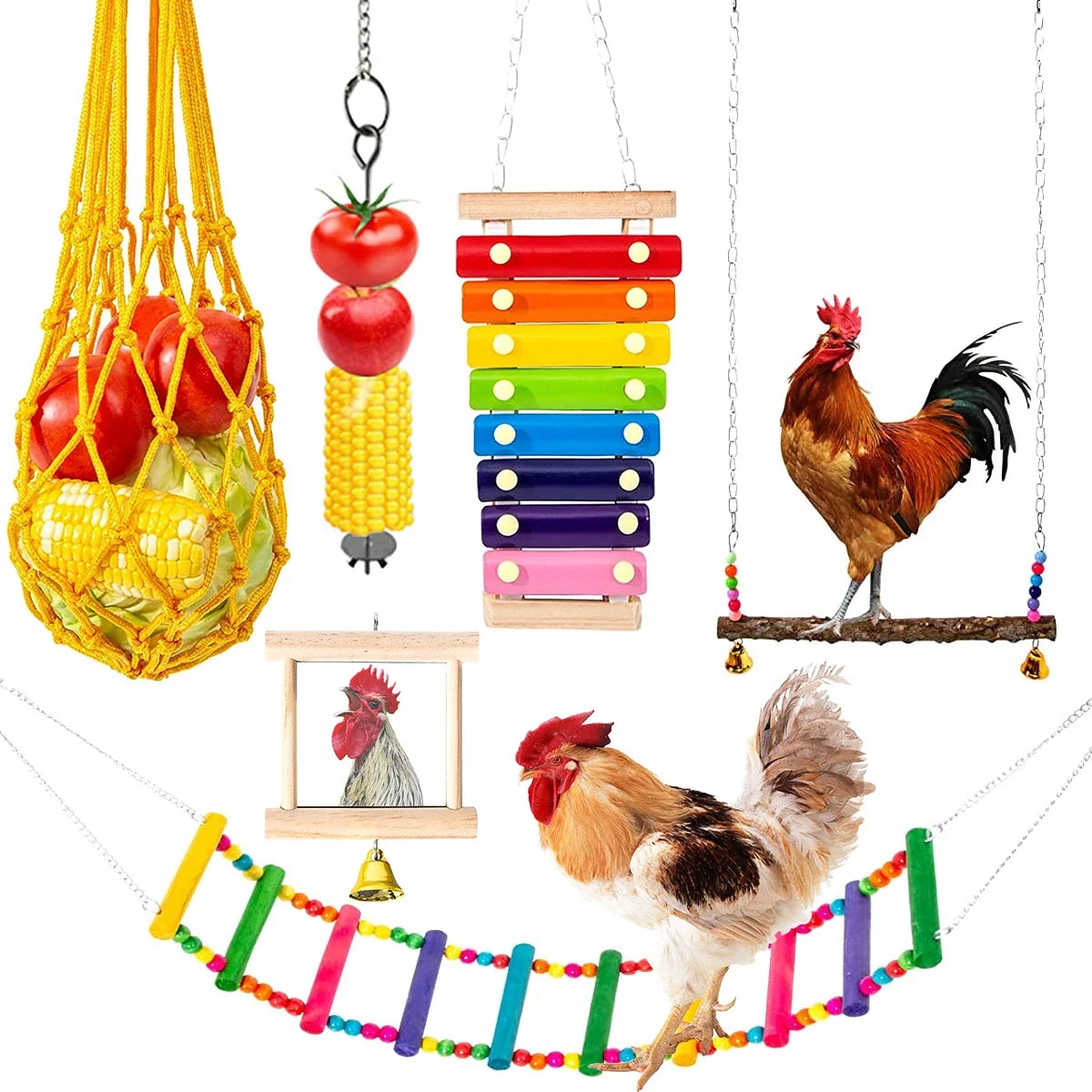Wood Chewing Foraging Toys Chicken Set