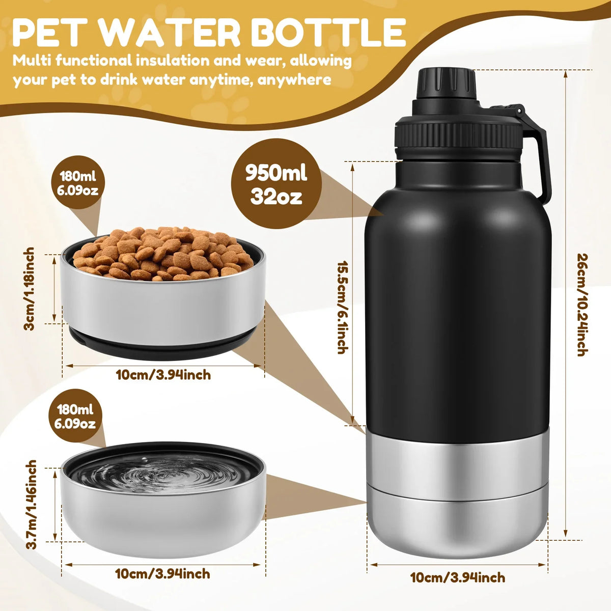 32oz Stainless Steel Detachable Portable Dog Water Bottle – 2 Colors
