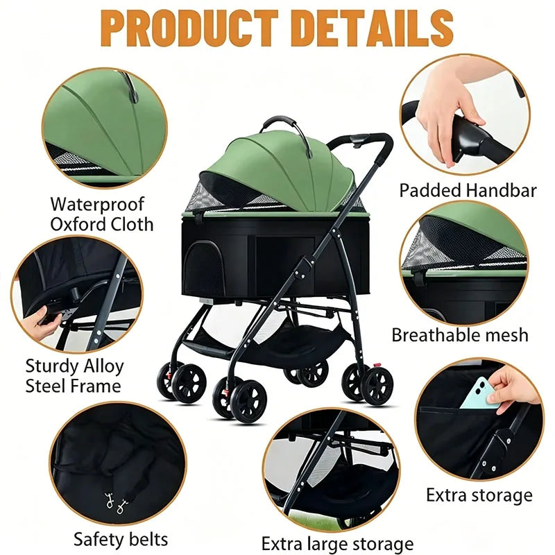 Pet Car Strollers 3in1 Lightweight Foldable - ProPawPet.com
