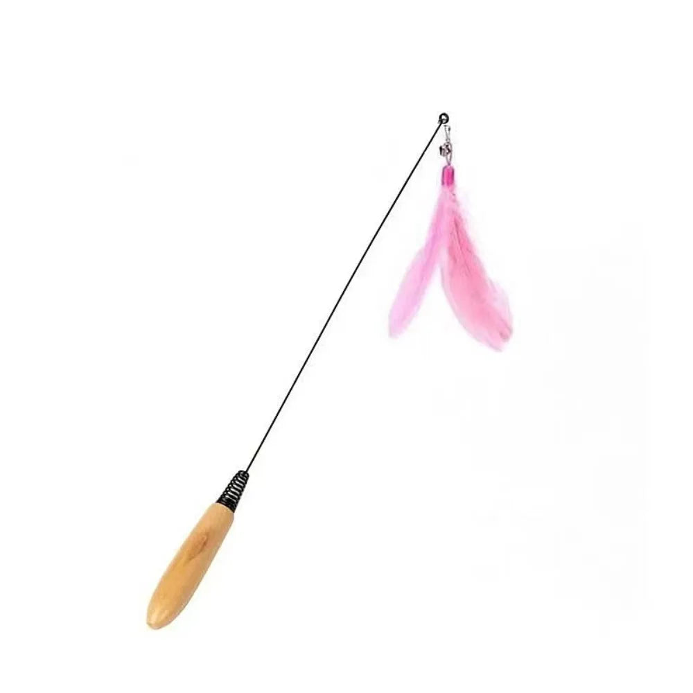 Interactive Wooden Handle Spring Teasing Cat Stick Feather Simulation – 4 Colors