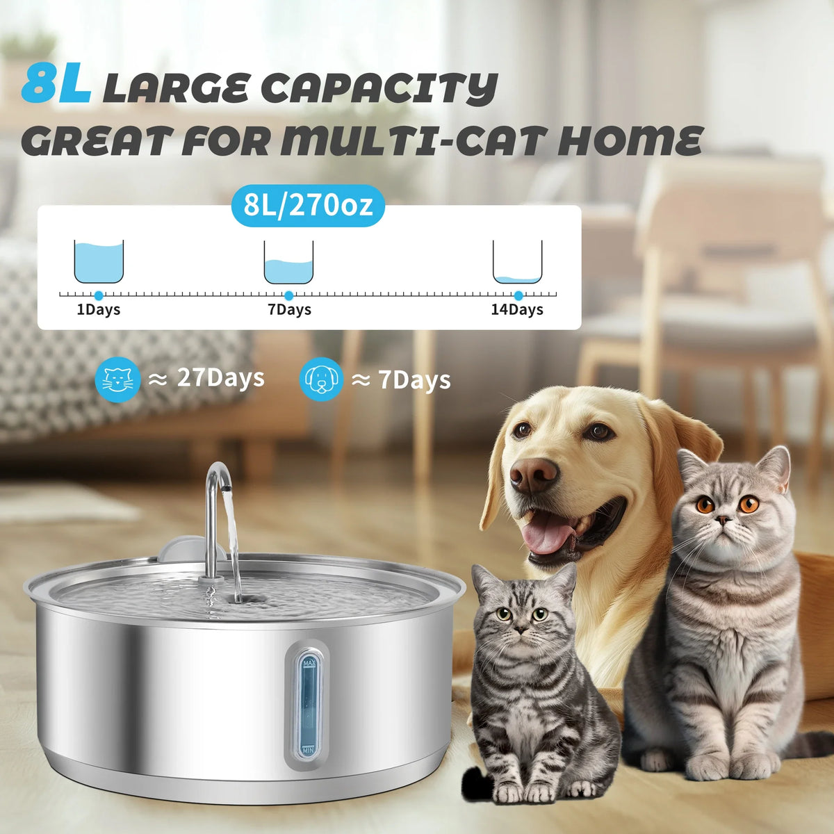 8L Large Capacity Stainless Steel Cat Water - ProPawPet.com