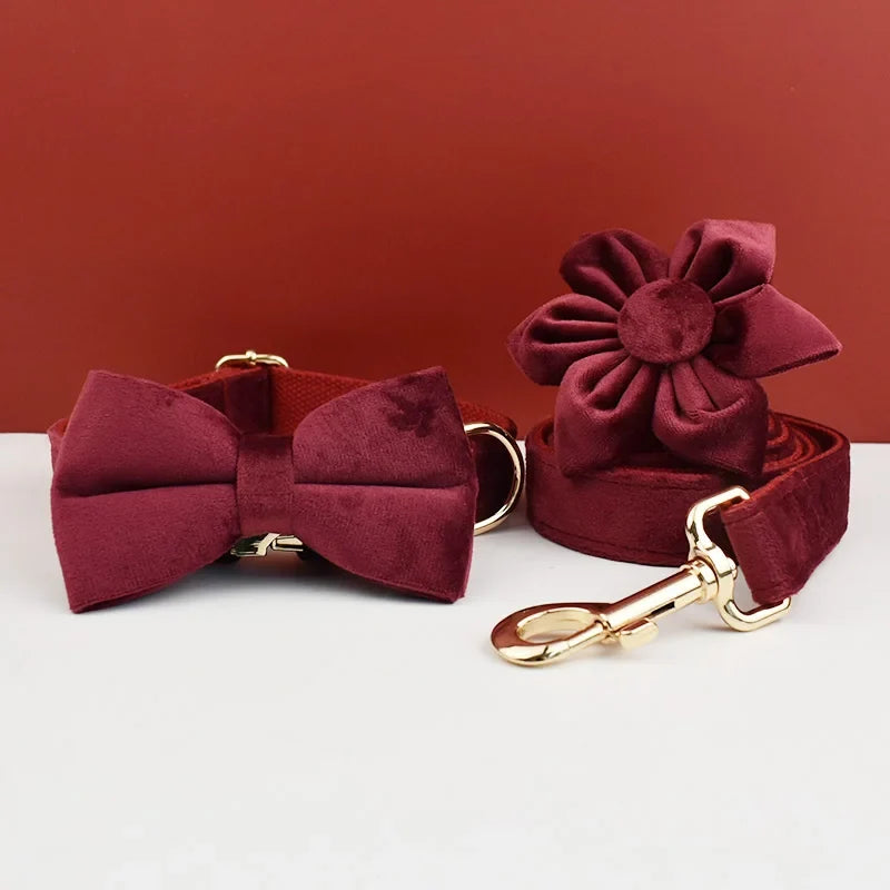 Red Wine Velvet Dog Collar And Leash Set For - ProPawPet.com