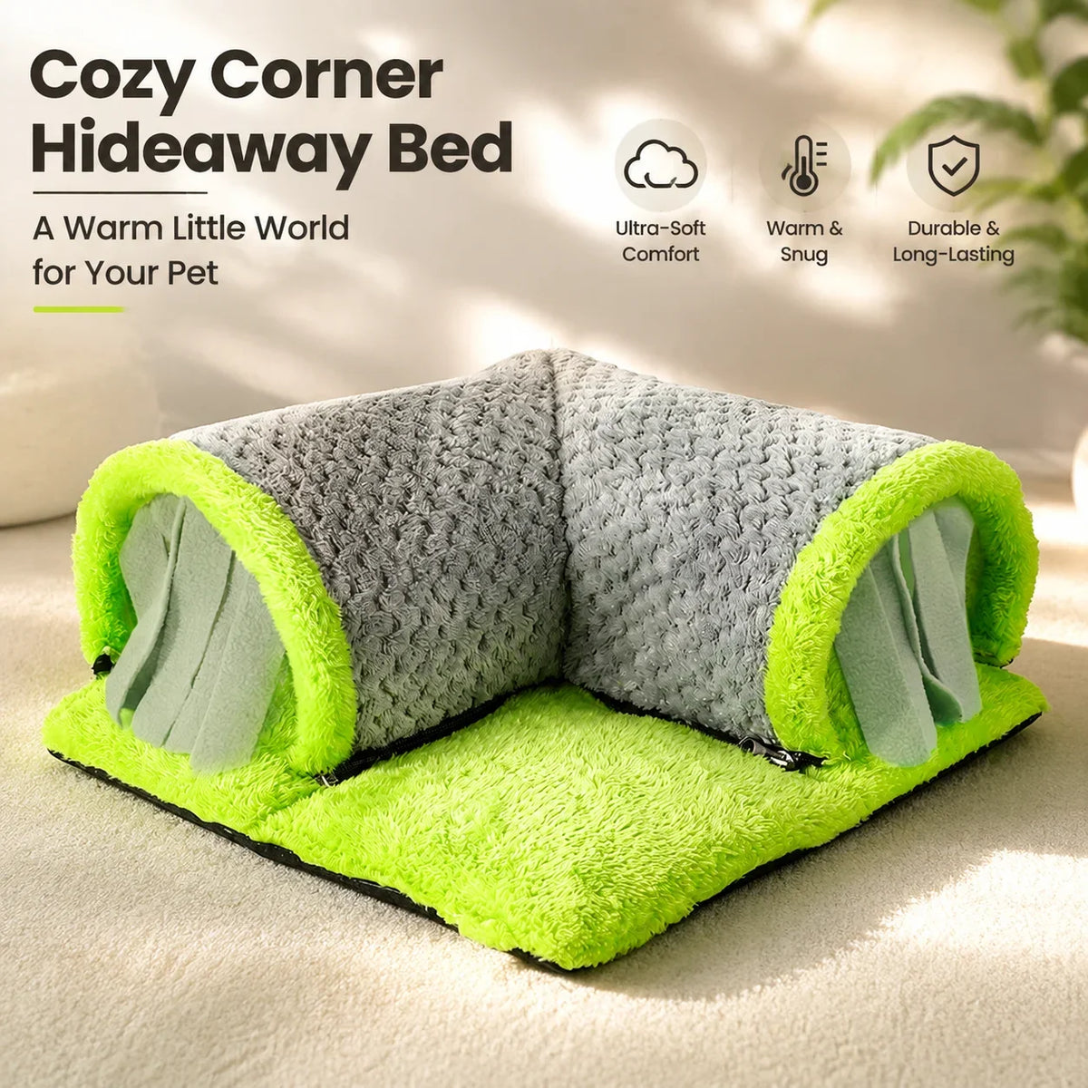 Plush Small Animal Tunnel Bed with Privacy Curtain Corner – 2 Colors