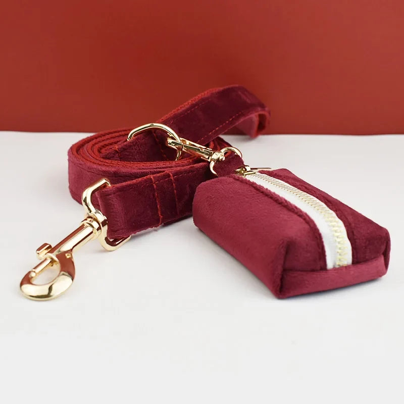 Red Wine Velvet Dog Collar And Leash Set For - ProPawPet.com