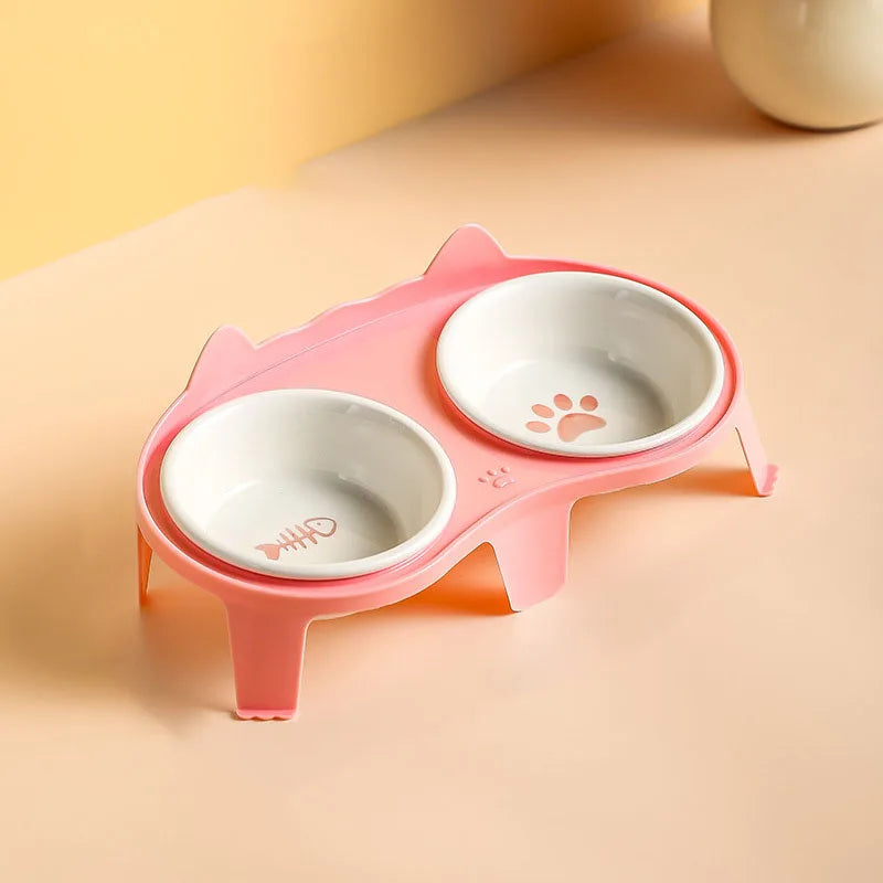 Ceramic Cat Bowl Double - Elevated Slanted Pet Food Water – 5 Colors