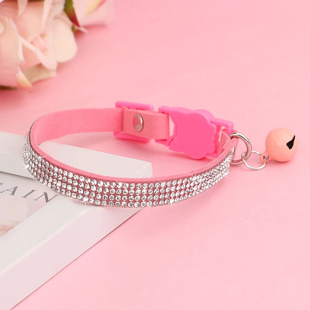Soft Pink Suede Leather Cat Collar - Cute Bling Rhinestone, Adjustable