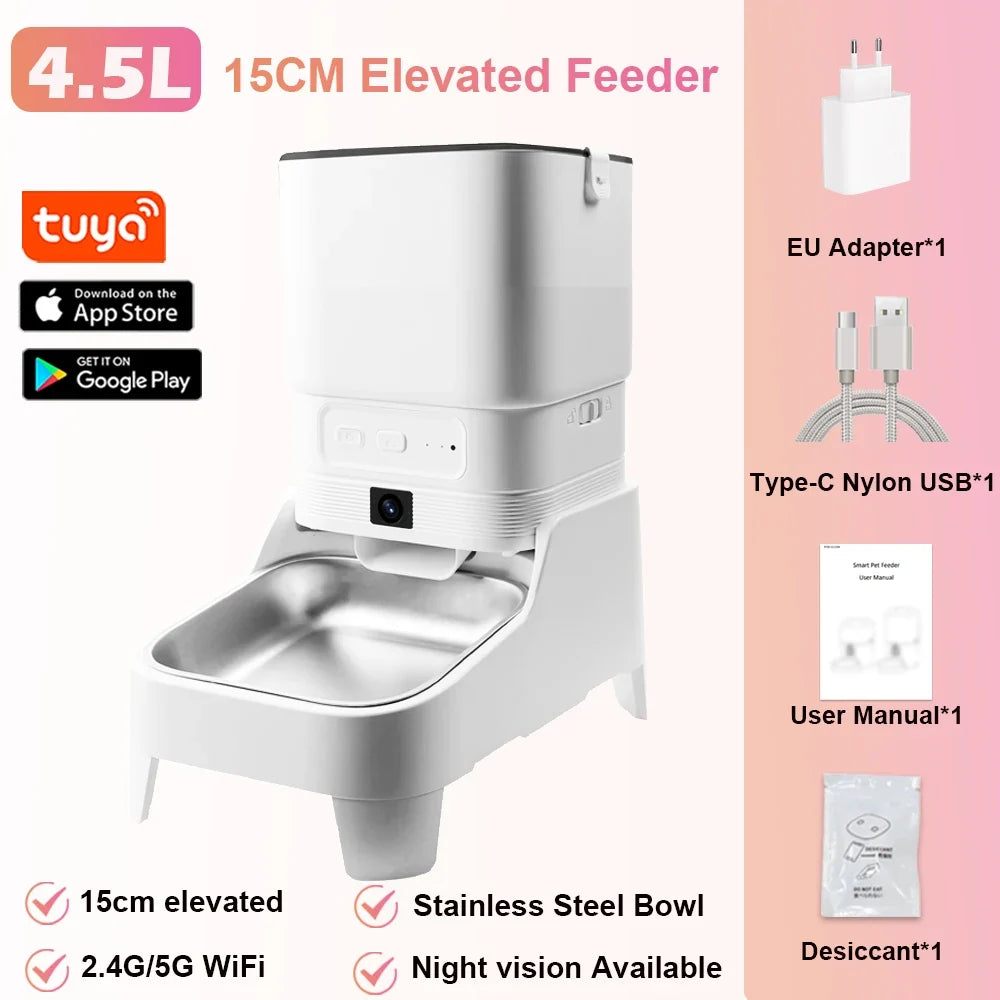 Smart Pet Feeder with 15cm Elevated Camera Tuya App Control – 2 Colors