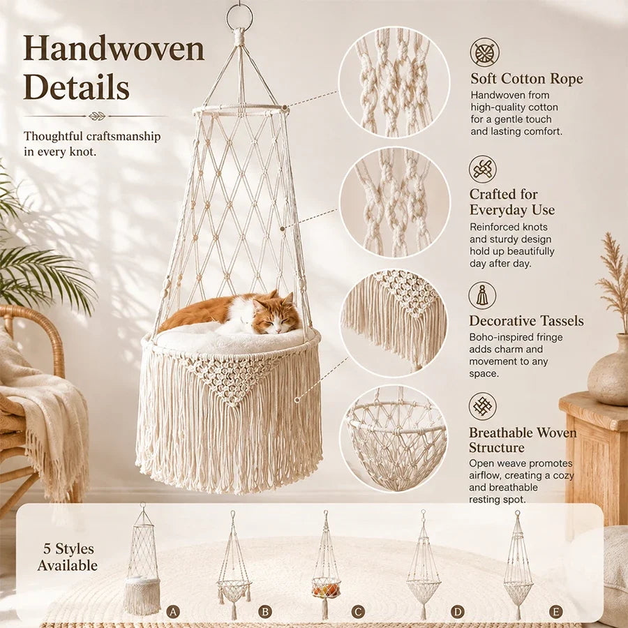 Boho Macrame Hanging Pet Hammock, Hand‑Woven - ProPawPet.com
