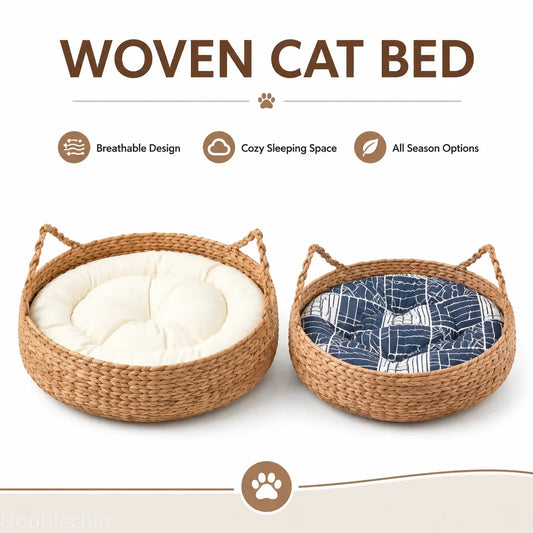 Round Wicker Cat Bed Basket Natural Rattan - ProPawPet.com