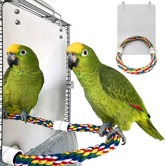 Parrot Perch With Mirror Cotton Rope Bird - ProPawPet.com