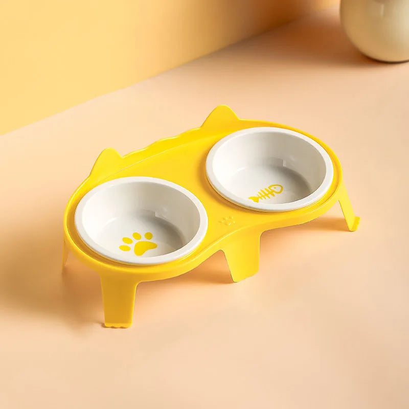 Ceramic Cat Bowl Double - Elevated Slanted Pet Food Water – 5 Colors