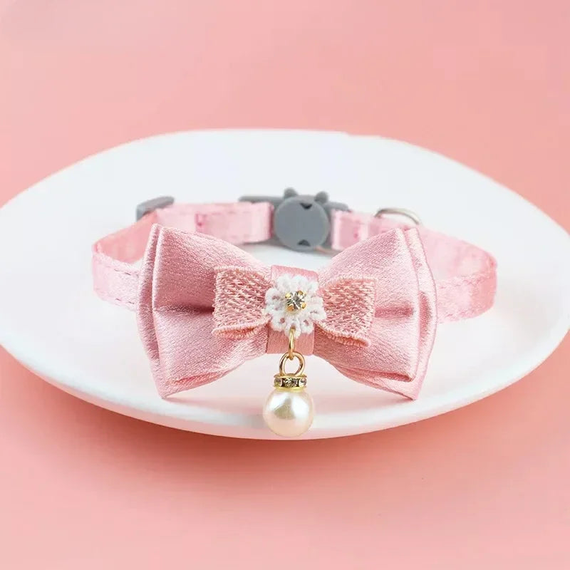 Cat Collar Pink Lace Bow Hanging Bead Choker Bell Dog – Cat Clothes & Costumes