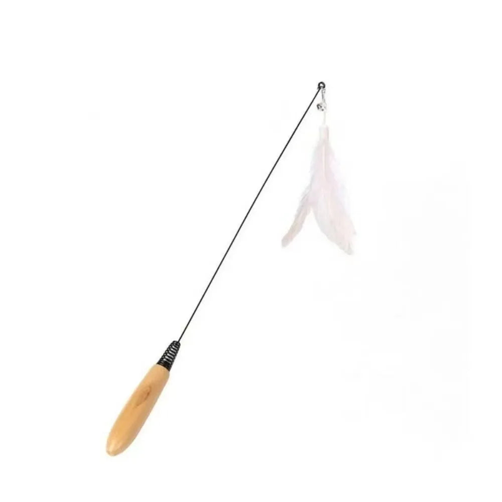 Interactive Wooden Handle Spring Teasing Cat Stick Feather Simulation – 4 Colors