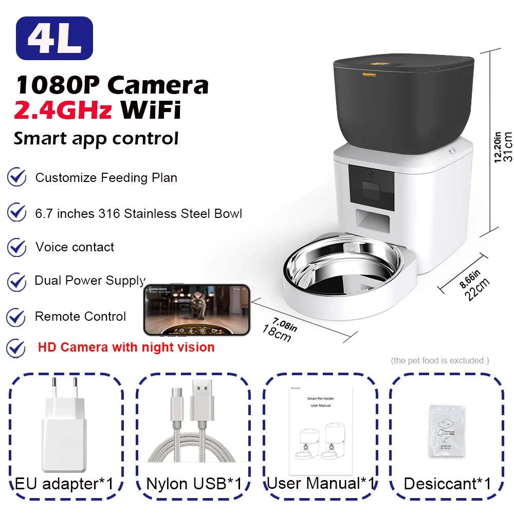Automatic Cat Feeder with 1080p Camera Video Food Dispenser – 6 Colors