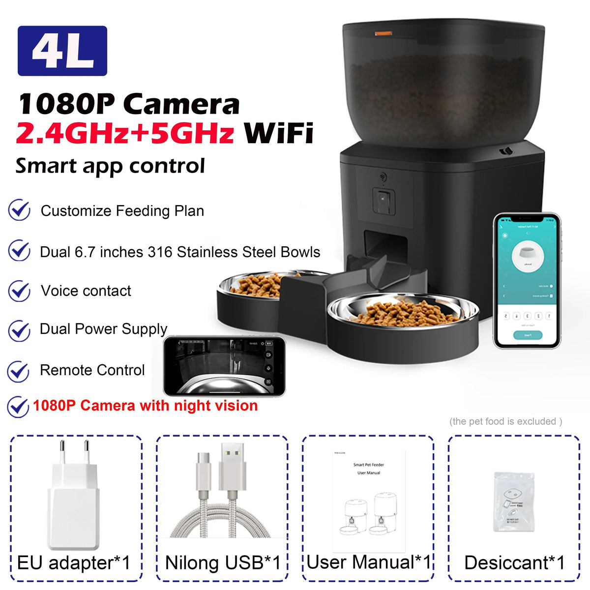Automatic Cat Feeder with 1080p Camera Video Food Dispenser – 6 Colors