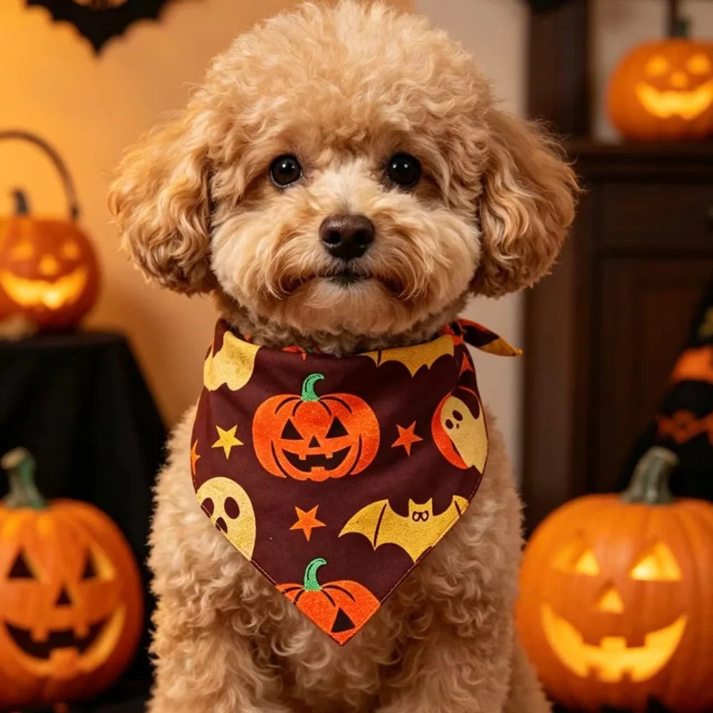 Soft Polyester Pet Halloween Bandana Pumpkin Ghost Print Spider Bat – 5 Colors