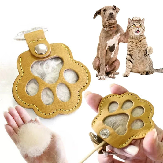 Leather Memorial Pet Hair Storage Bag Cat Paw Keychain
