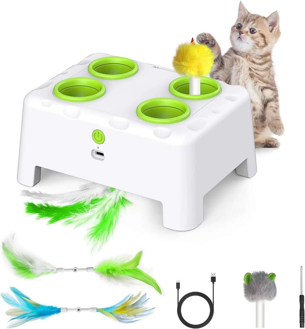 Whack a Mole Automatic Pop-up Rechargeable Feather Toy for Cats