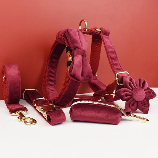 Red Wine Velvet Dog Collar And Leash Set For - ProPawPet.com