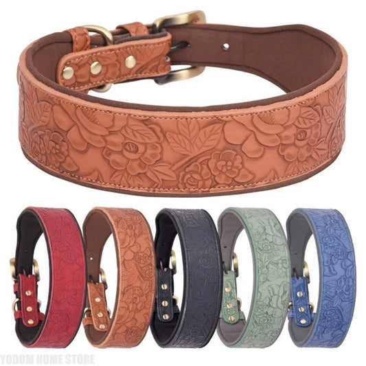 Wide Padded Embossing Leather Dog Collar - ProPawPet.com
