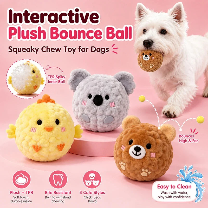 Interactive Mini Plush Bounce Ball Dog Squeaky Toy