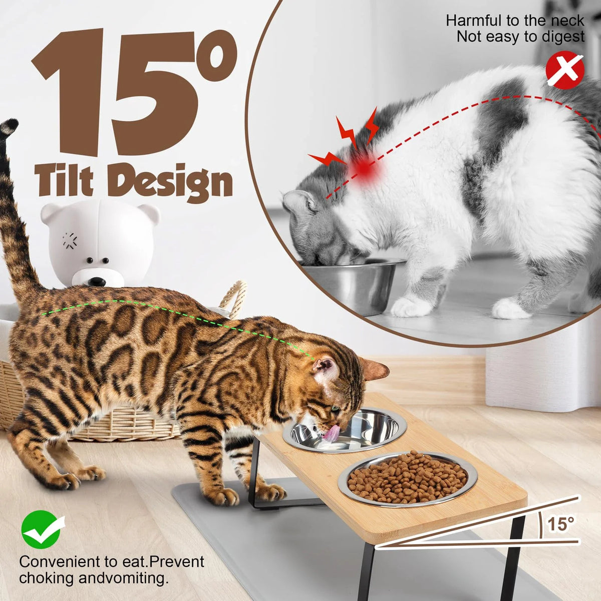 Elevated Cat Bowls with Food Mat 15° Tilted - ProPawPet.com