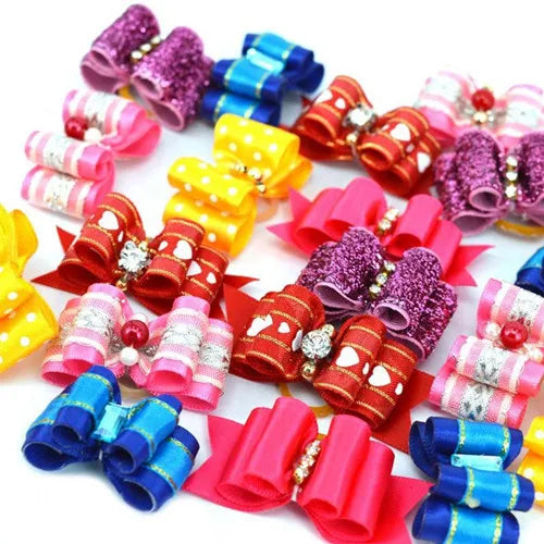 Dog Cute Hair Bows with Rhinestone Flowers Ribbon – Dog Supplies