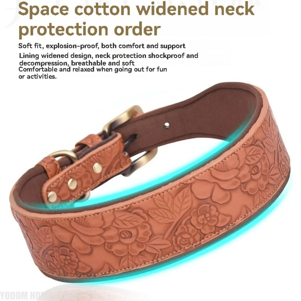 Wide Padded Embossing Leather Dog Collar - ProPawPet.com