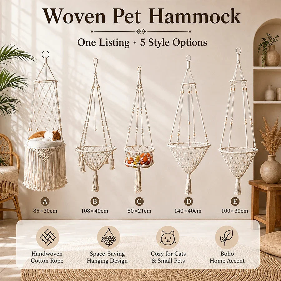 Boho Macrame Hanging Pet Hammock, Hand‑Woven - ProPawPet.com