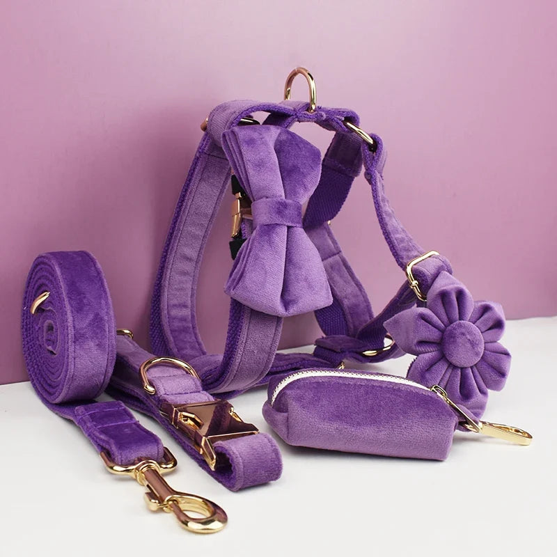 Purple Velvet Dog Collar And Leash Set For - ProPawPet.com