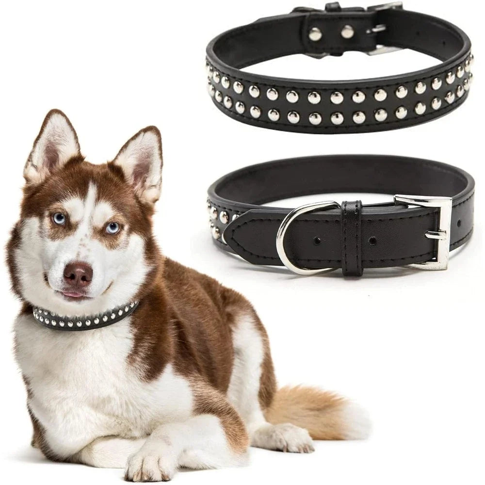 Adjustable Faux Leather Dog Collar, Studded Pet Collar
