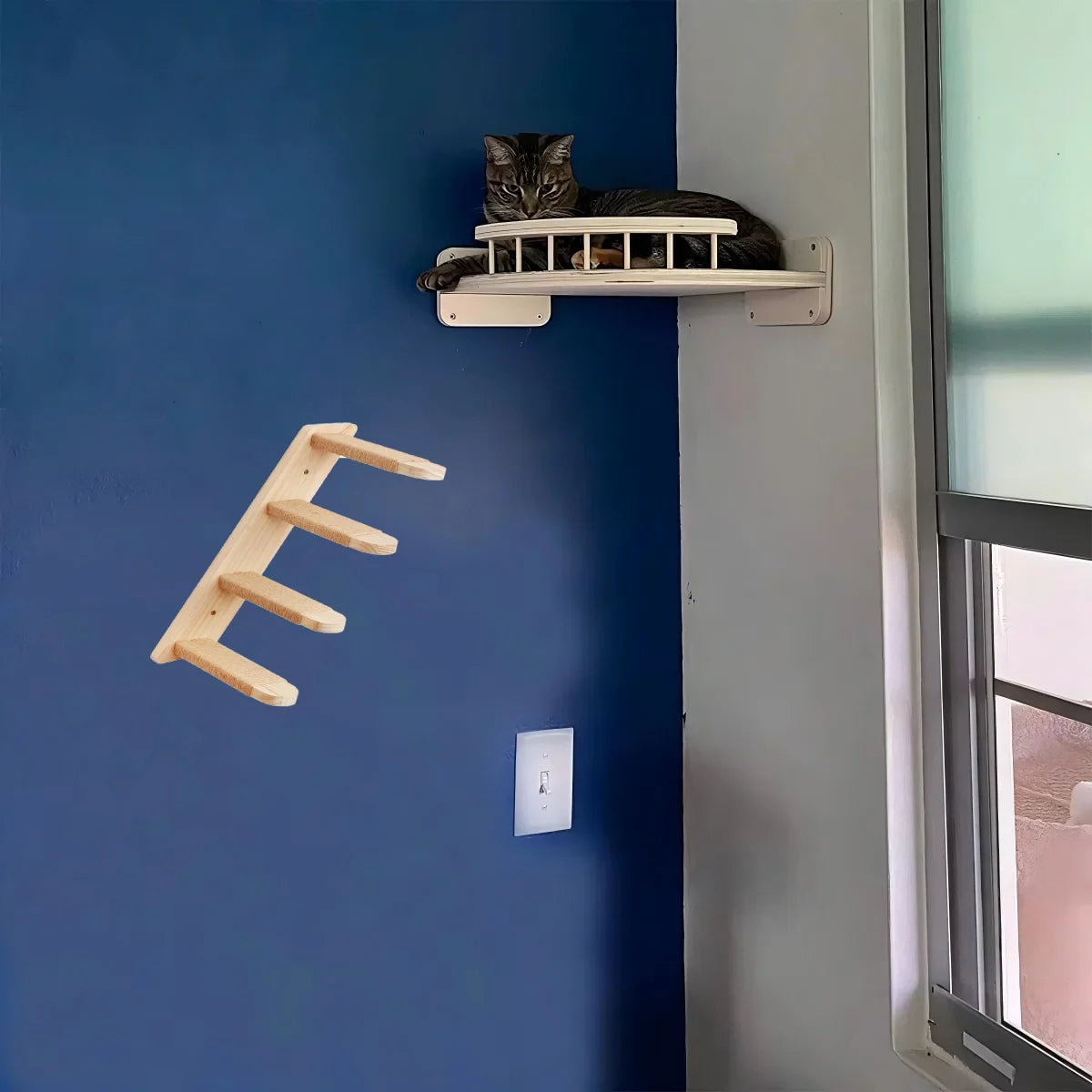 Wall-mounted wooden cat hammock and steps – view 3