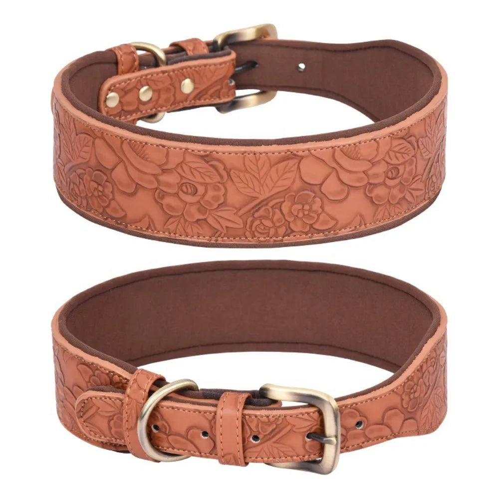 Wide Padded Embossing Leather Dog Collar - ProPawPet.com