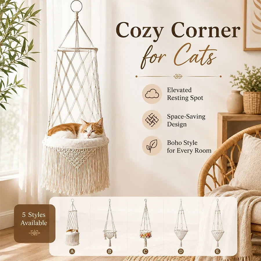 Boho Macrame Hanging Pet Hammock, Hand‑Woven - ProPawPet.com